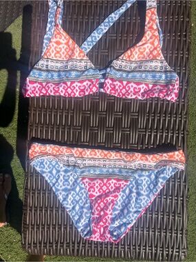 Colorful Patterned Two-Piece Bikini - Orange, Pink & Blue. REVERSIBLE